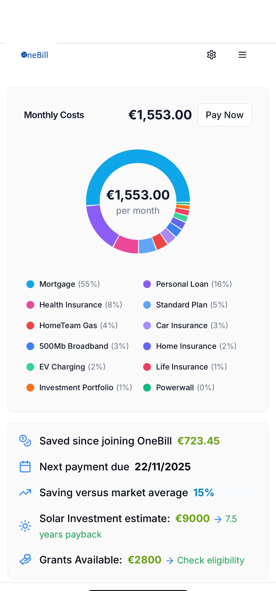 OneBill Dashboard Mobile View